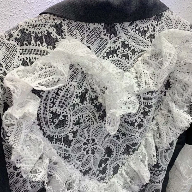 

VGH Casual Patchwork Lace Gray Blazer For Women Notched Long Sleeve Chain Korean Blazers Female Spring Fashion New 2021 Stylish