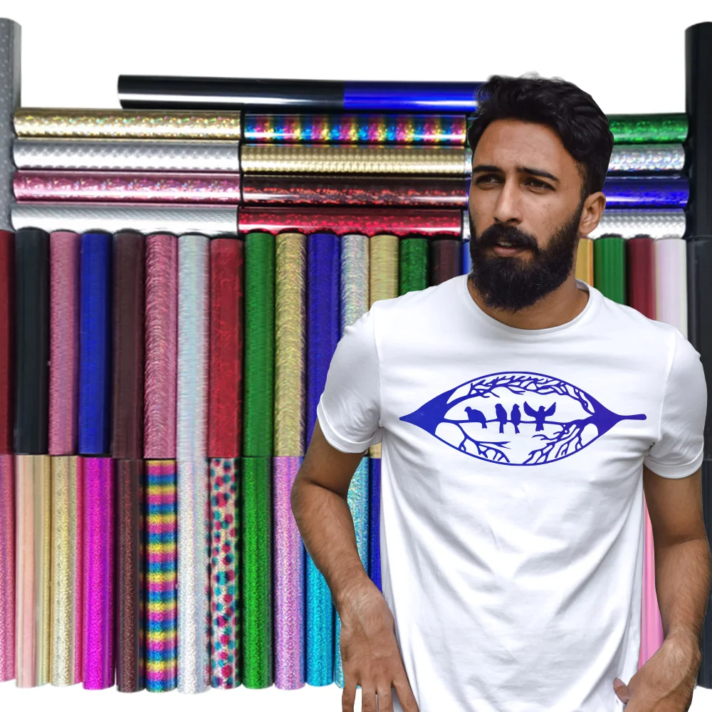 

Free Shipping 25x50cm PET Laser Heat Transfer Vinyl Iron On Vinyl For Cutting Machines HTV T-Shirts DIY Design Lettering Film