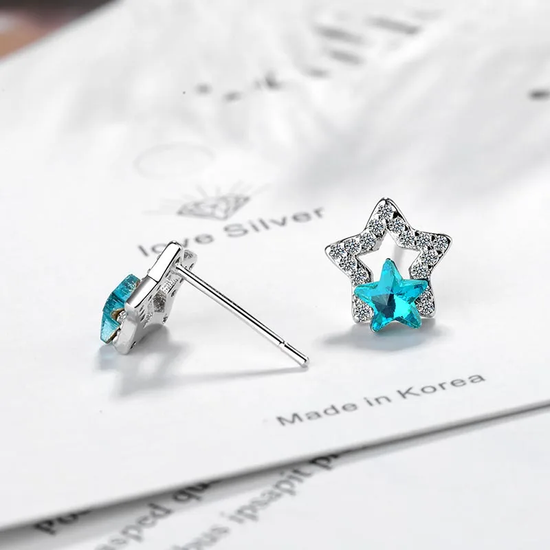 XIYANIKE 925 Sterling Silver Trendy Simple Blue Pentagonal Star Crystal Stud Earrings Jewelry For Women Couple Party Gift | Украшения и