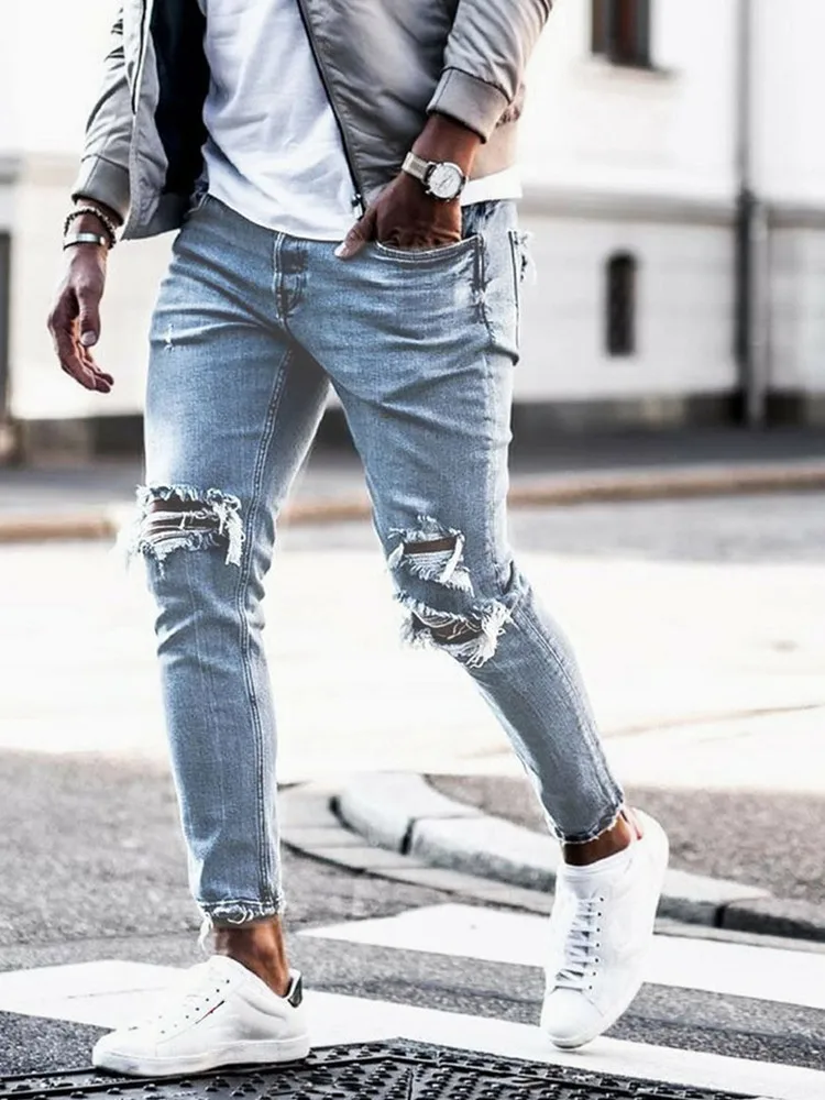 

Men's Solid Color Jeans 2021 New Fashion Skinny Pencil Pants Sexy Casual Ripped Designer Streetwear