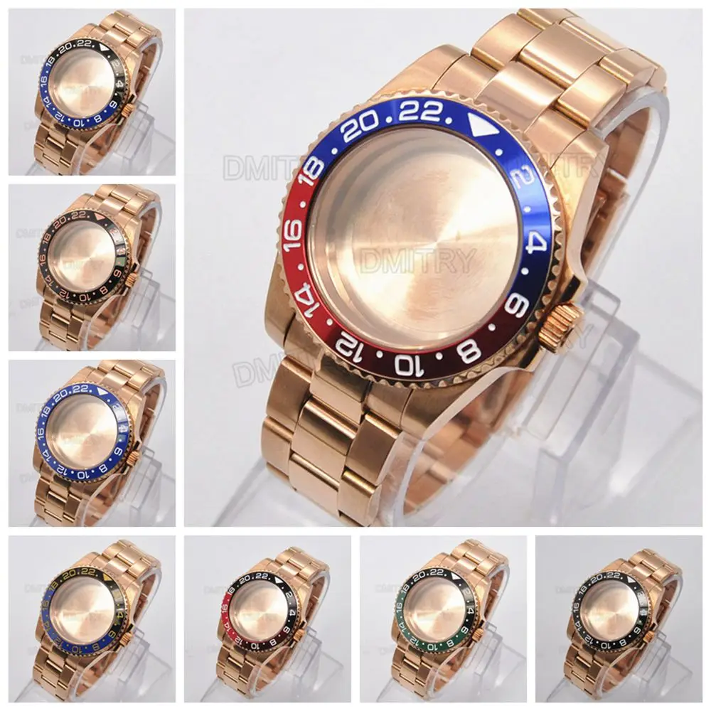 Luxury 40mm gold PVD GMT Watch Case 100M waterproof Sapphire Glass Ceramic Bezel Fit Mingzhu DG3804 Automatic Watch Movement