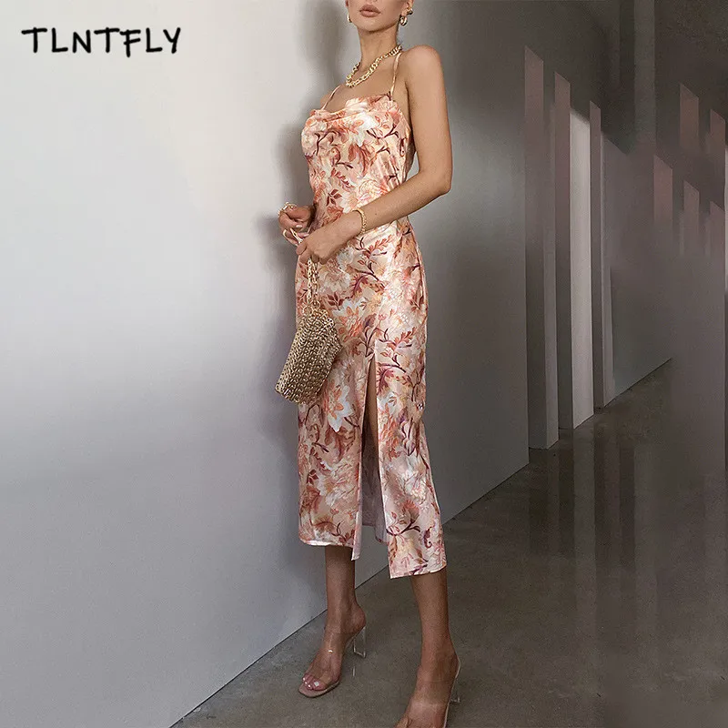

Maxi Dresses For Women Summer 2021 Sexy Printed Satin Suspenders Pile Collar Bodycon Split Backless Temperament Festival Party