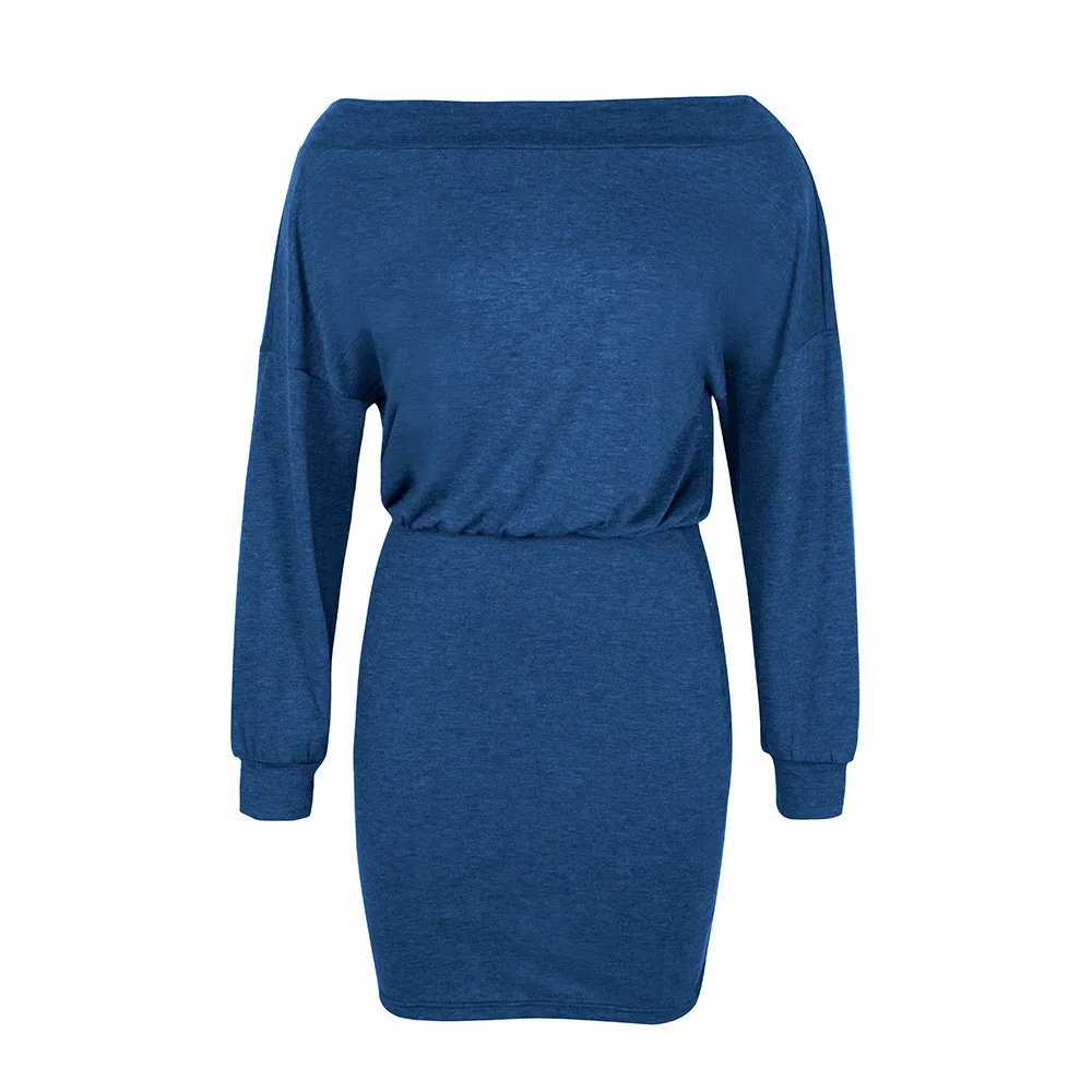 

Solid Color Women Dress Slash Neck Long Sleeve Knitted Dress Casual Daliy Autumn Female Clothing