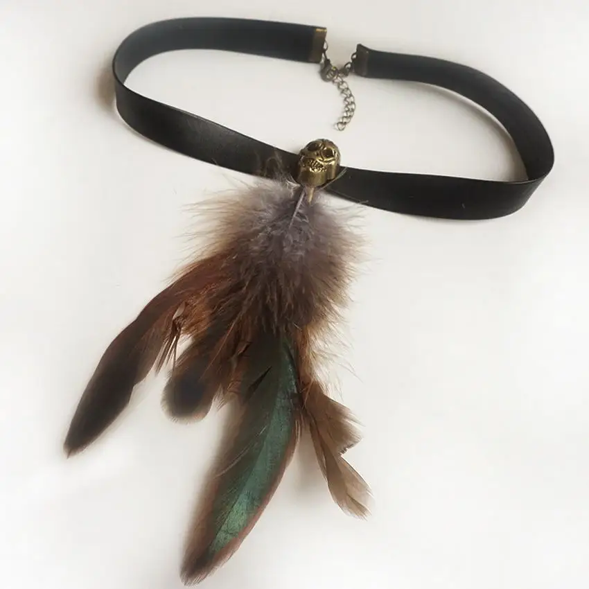 Новинка 2021 уникальное кожаное ожерелье-цепочка с длинным перьем в виде черепа