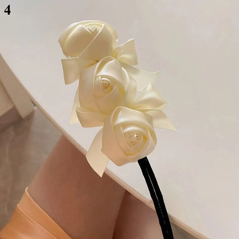 

New Elegant White Rose Flower Hair Hoop Hair Claws Silk Satin Wide Head Hoop Shark Clip Fashion Geometric Hair Accessory Hot