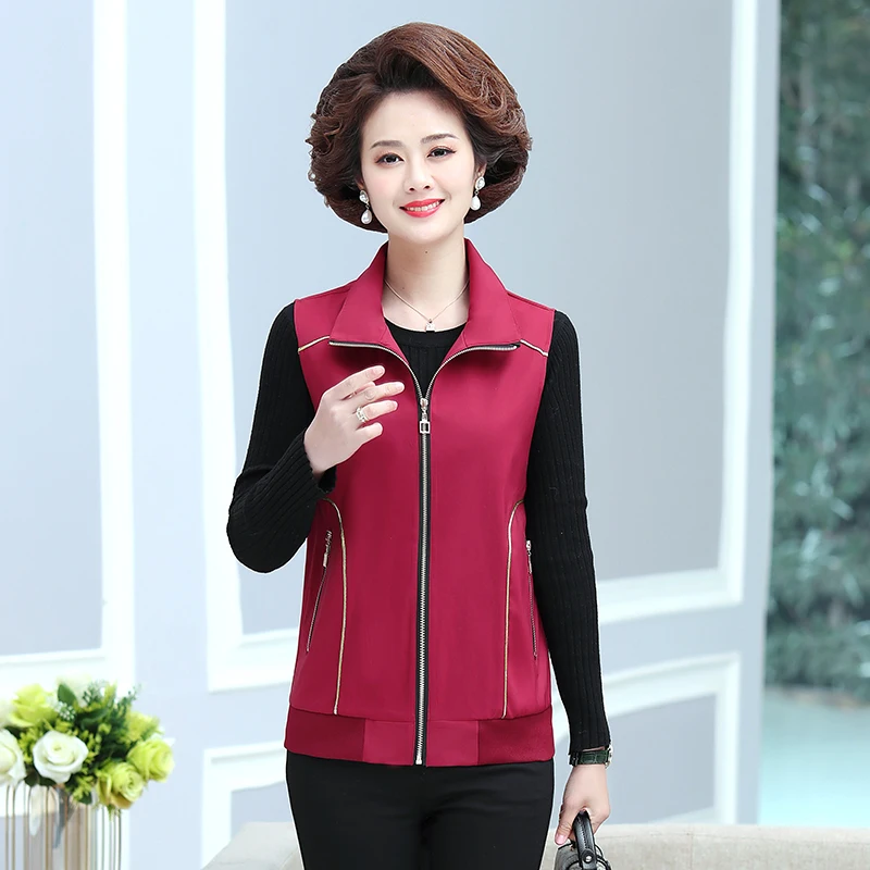 

Spring Autumn Navy Blue Green Red Vest Middle Aged Women Sleeveless Jackets Zipper Front Turn Down Collar Waistcoat Plus Size