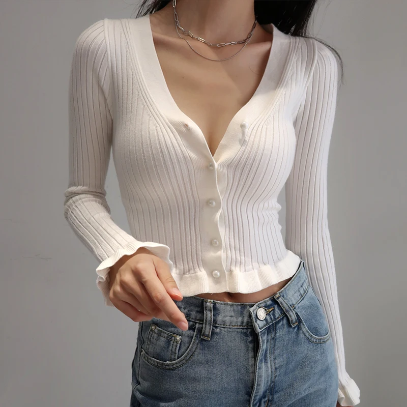 Women Deep V Neck Single Breasted Solid Sweater with Ruffle Trim Crop Cardigan |
