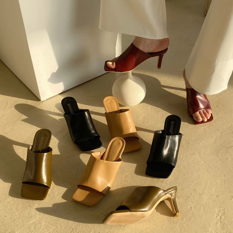 Женские шлепанцы на высоком каблуке 7 см Темно-зеленые туфли без задника Летние