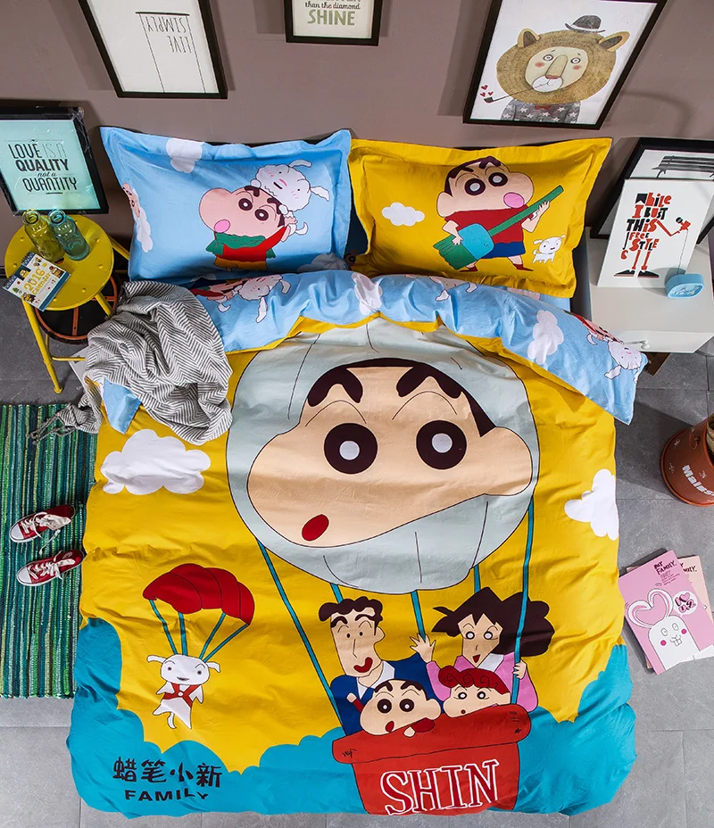 Аниме Crayon Shin-chan Постельное белье детские Качественные хлопковые осенние: пододеяльник, простынь, наволочки для подушек, 3/4 шт. Твин queen Размер