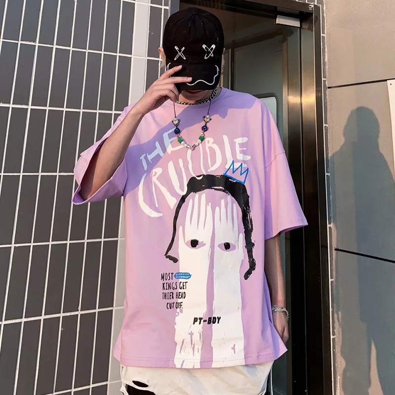 

Cartoon Hand Eye Graffiti T-shirt Men Summer Baggy O-Neck High Street Hip Hop Couple Tee Shirts Men Streetwear Fashion