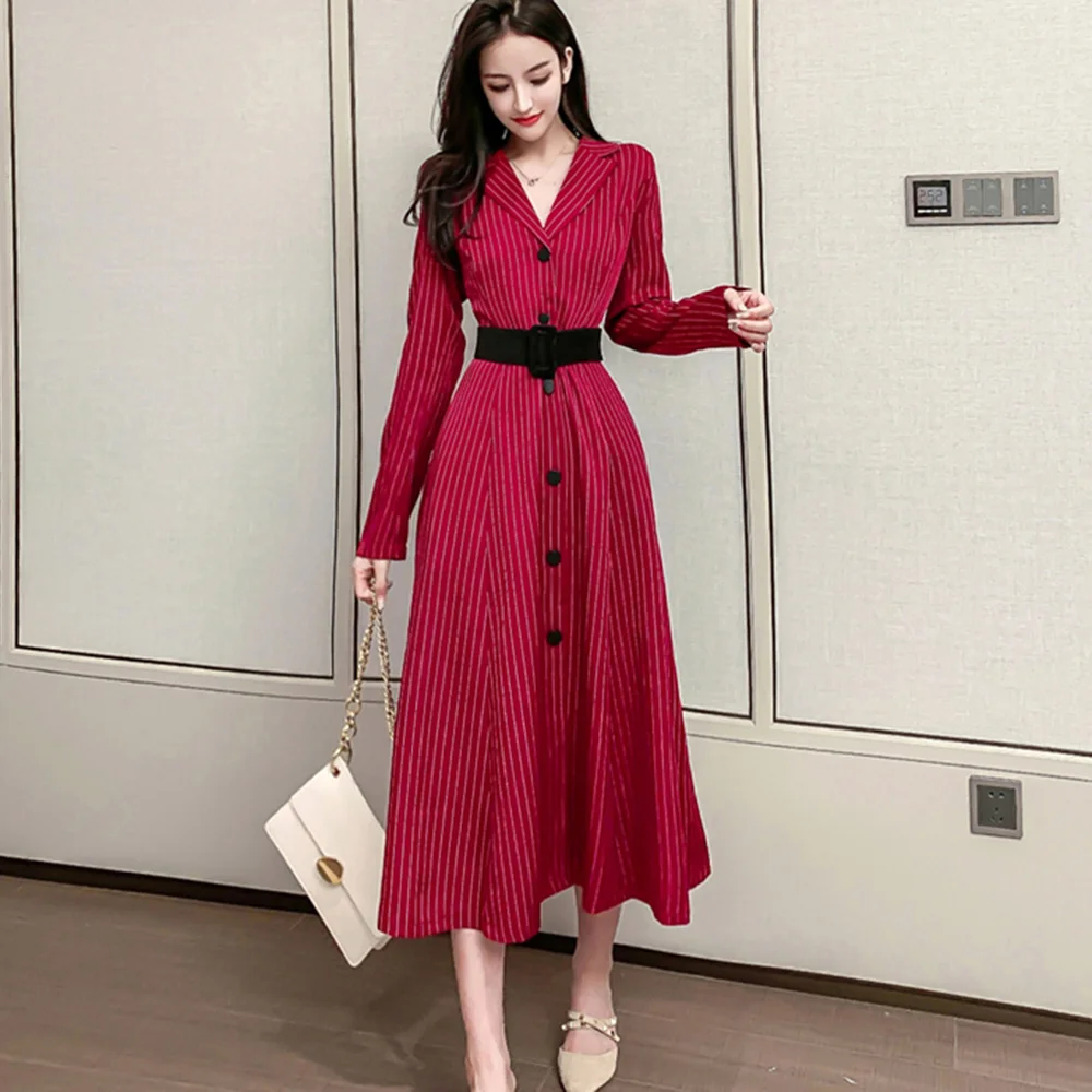 

Japan Style Women Dress Korean Fashion Temperament Elegant Simple Hot Sale Single-breasted Stripe V-neck Long Sleeve