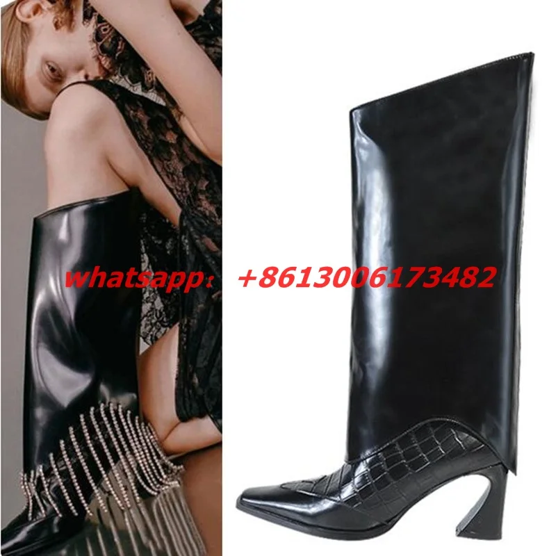 

New crocodile pattern leather pointed square toe knee high boots woman square toe rhinestones tassels trousers boots
