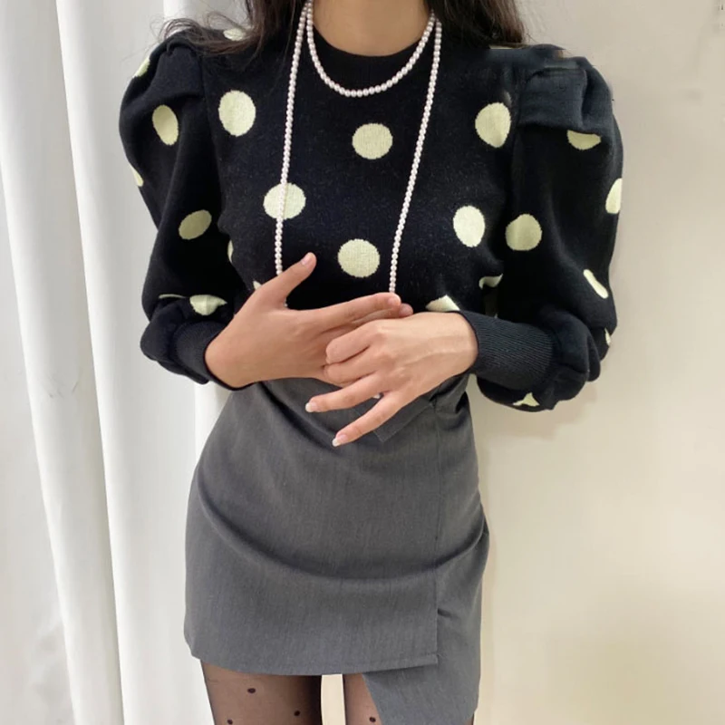 

polka dot chic elegant fashion blouses elegant termperament puff sleeved shirt fall casual fashion blouses 2020 women's sweater