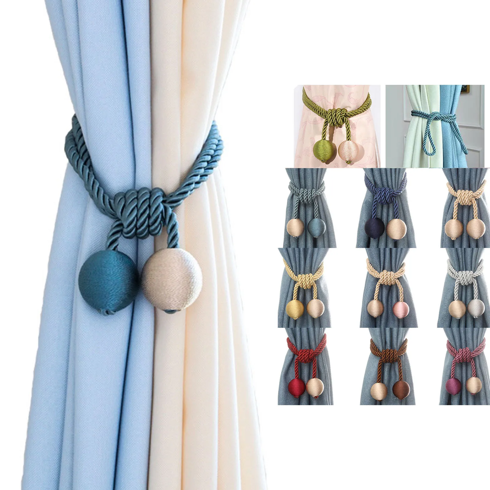 

2pcs Hanging 2 Balls Tassels Curtain Rope Lantern Tiebacks Hand Braided Buckle Drapery Heavey Duty Mixed Color Polyester Fiber
