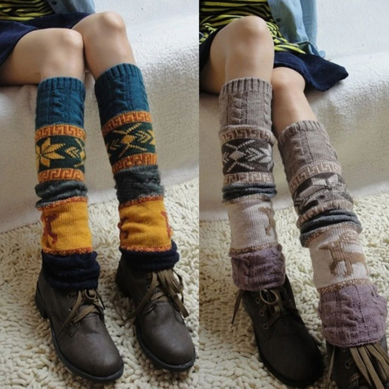 

Women Christmas Winter Leg Warmers Sleeve Snowflake Reindeer Print Crochet Long Socks Twist Cable Knit Boot Cuffs Cover