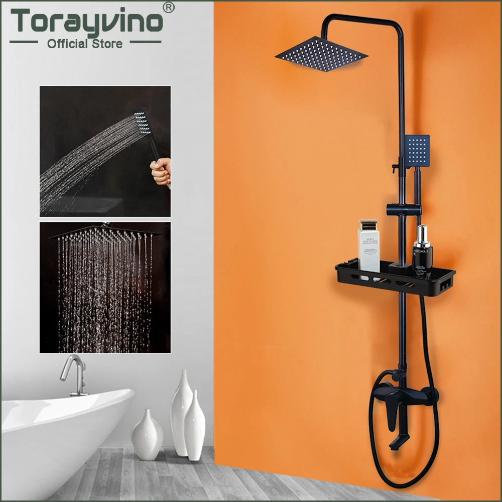 torayvino matte black wall mounted rainfall shower faucet with storage shelf bathroom bathtub shower faucets mixer tap combo set free global shipping