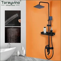 torayvino matte black wall mounted rainfall shower faucet with storage shelf bathroom bathtub shower faucets mixer tap combo set