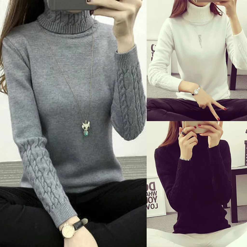 Женский трикотажный свитер-водолазка повседневный мягкий облегающий эластичный