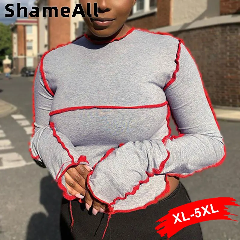 

Sweetness Plus Size Straggly Tassel Patchwork Cotton Tees Women 4XL Autumn Long Sleeve Ruffles Trim Crop Tops T-shirt Bad E-Girl