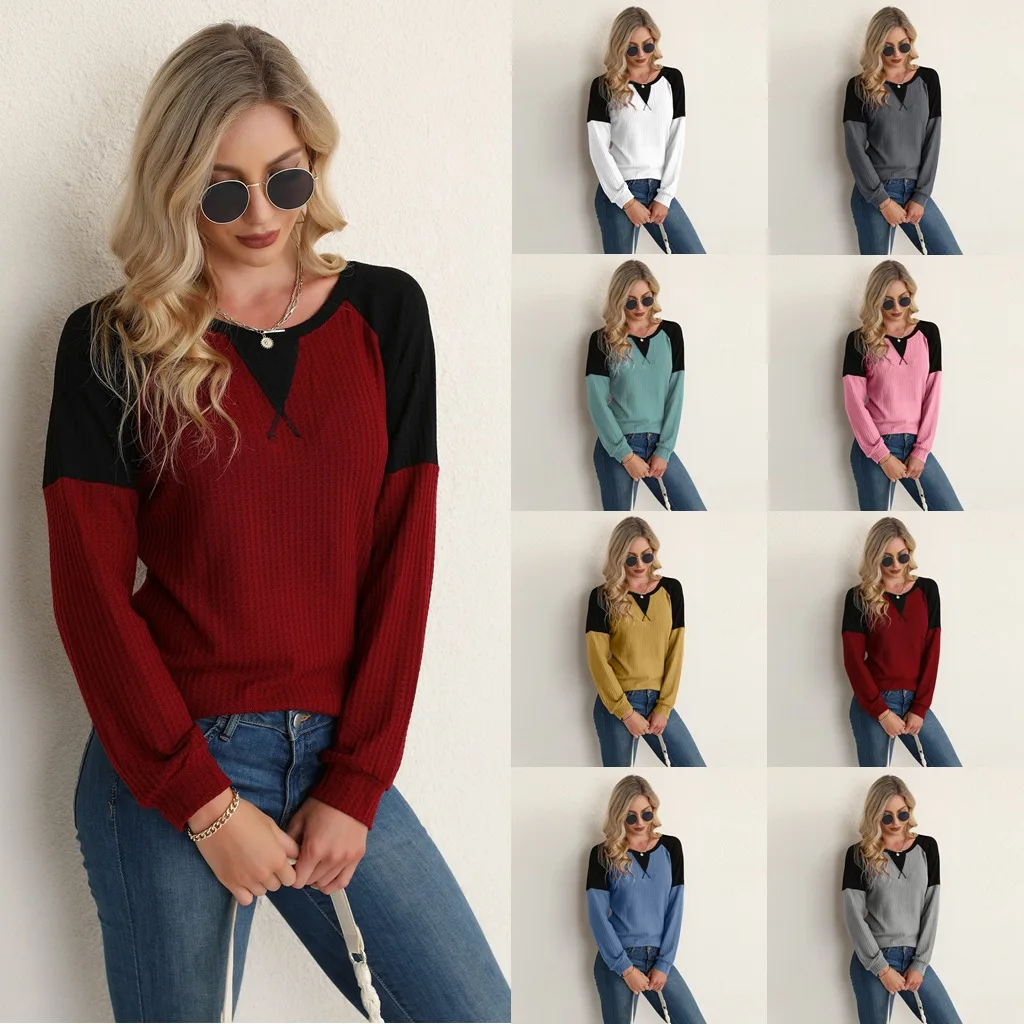 

Waffle Solid Color Ladies Sweater Round Neck Stitching Long-sleeved Top Women's Clothing Casual COTTON