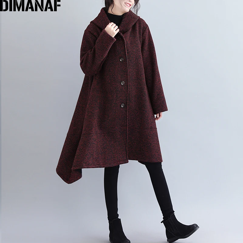 Yi880CN-hong DIMANAF/большие размеры, женские зимние пальто из шерсти и смесей, утепленная одежда, винтажная женская верхняя одежда, Свободное пальто, с капюшоном - Цвет: Yi880CN-hong
