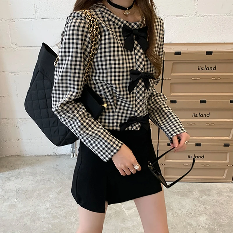 

2022 Korean Plaid Blouse women Autumn Long Sleeve Bow Blouses Tops Streetwear Kawaii Shirts blusas mujer