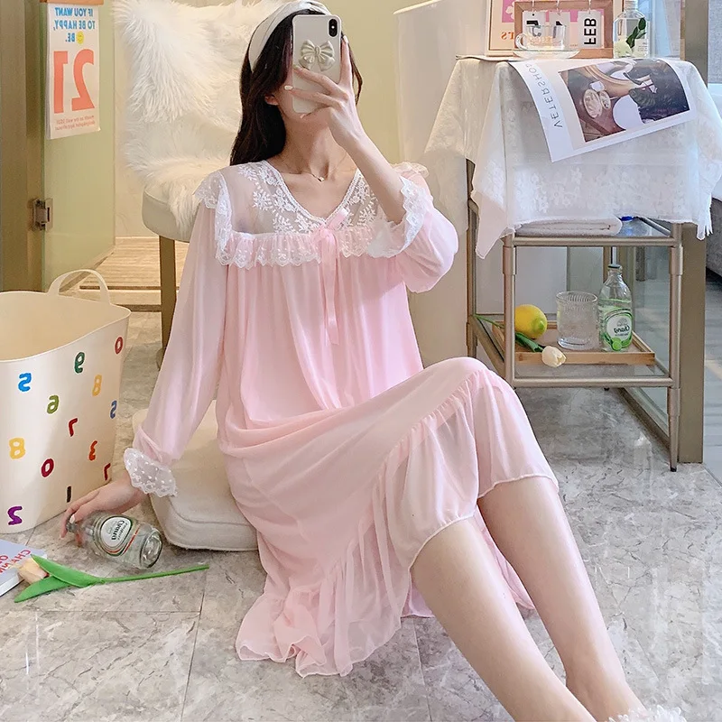 

Кружевная ночная рубашка, Цветочная одежда для сна с V-образным вырезом, женская одежда для сна, Весенняя женская одежда для сна, одежда для п...