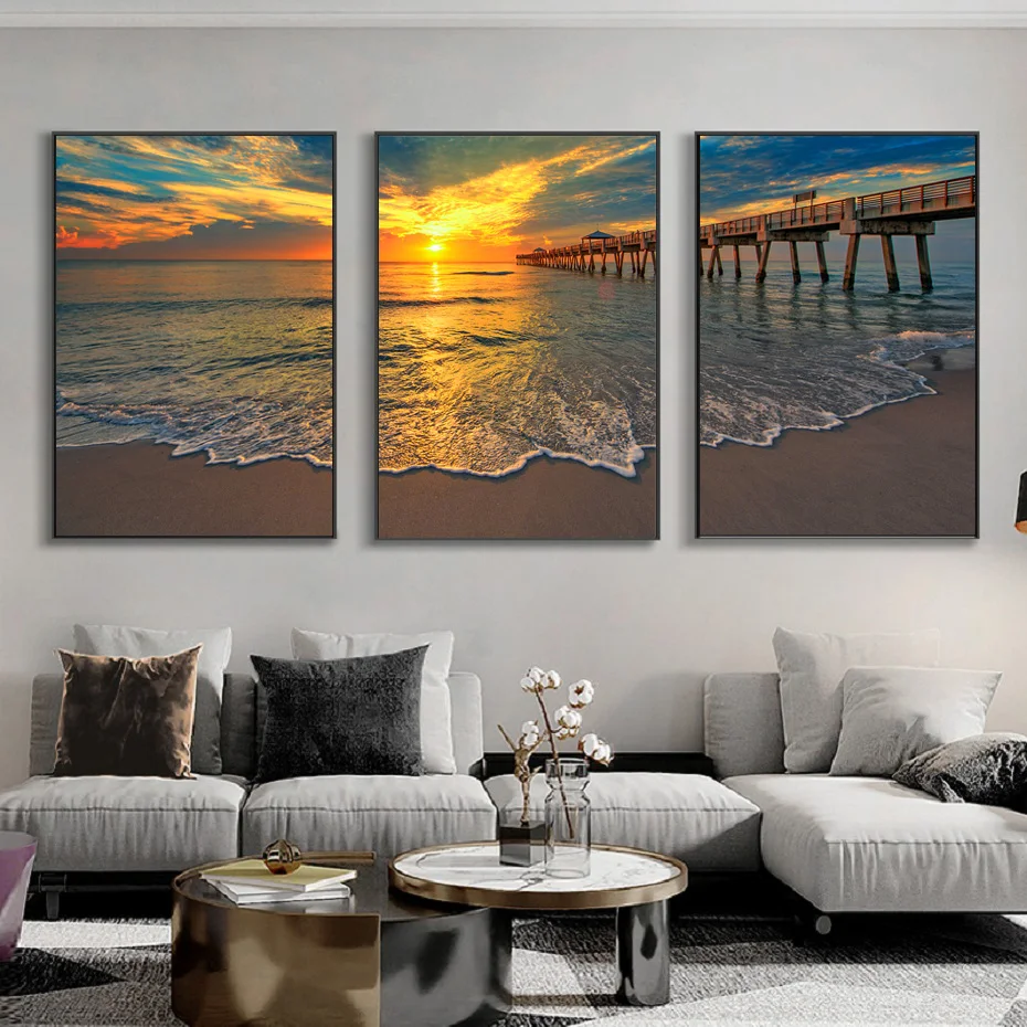 

Nordic Sunset Clouds Beach Long Bridge Canvas Painting Poster Wall Art Seascape Painting Poster Living Room Bedroom Home Decorat
