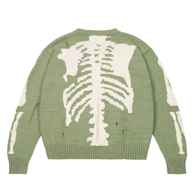 Japanese Harajuku Knitted Sage Green Skeleton Sweater for Men and Women Oversized Streetwear Hip Hop Ripped Pullover Jumper