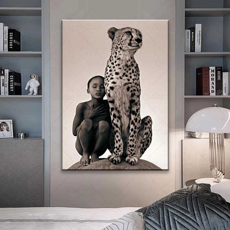 Картина на холсте мальчик и Гепард дикая африканская фотография Настенная
