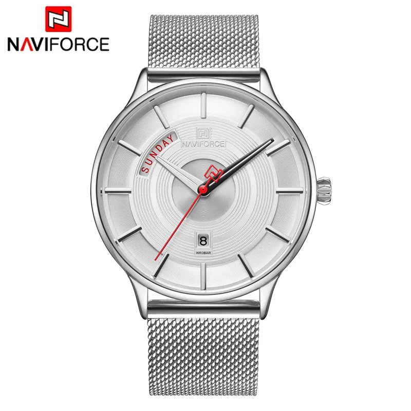 Silver White NAVIFORCE Мужские Аналоговые кварцевые часы от ведущего бренда, мужские Модные Роскошные бизнес часы из нержавеющей стали, повседневные спортивные водонепроницаемые часы - Цвет: Silver White