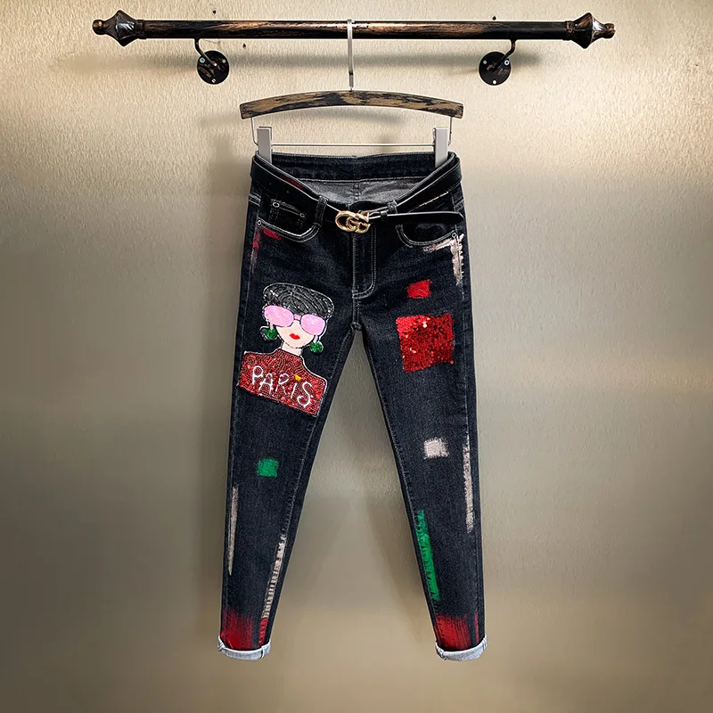 

New Spring Autumn Long Trousers for Women High Waist Cartoon Sequins Diamond Embroidery Skinny Jeans Students Pencil Denim Pants