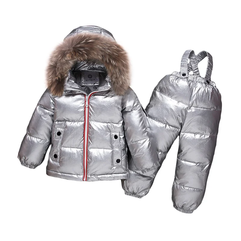 

25Degrees winter children's down jacket suit Boys warm & waterproof ski suit Girls silver out thick down jacket +bib two-piece