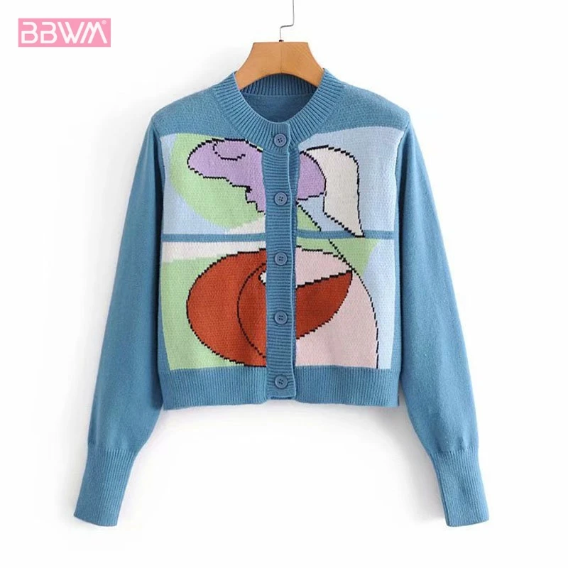 

Vintage Round Neck Long Sleeves Women's Sweater Fashion Loose Contrasting Single Button Short Coat Chic Female Tops