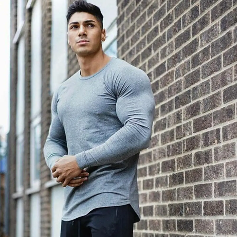 Однотонная Повседневная футболка с длинным рукавом Мужская хлопковая для