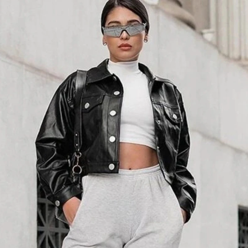 2021 Street Style Women's Autumn PU Leather Jacket Fashion Short BF Wind Long-sleeved Motorcycle Clothing Leather Jacket Women