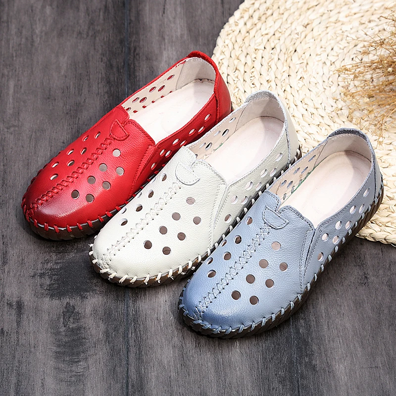 

Tilocow Genuine Leather Summer Women Shoes Solid Casual Flat Shoes Handmade cow leather Loafers Slip On Pregnant Ladies Footwear