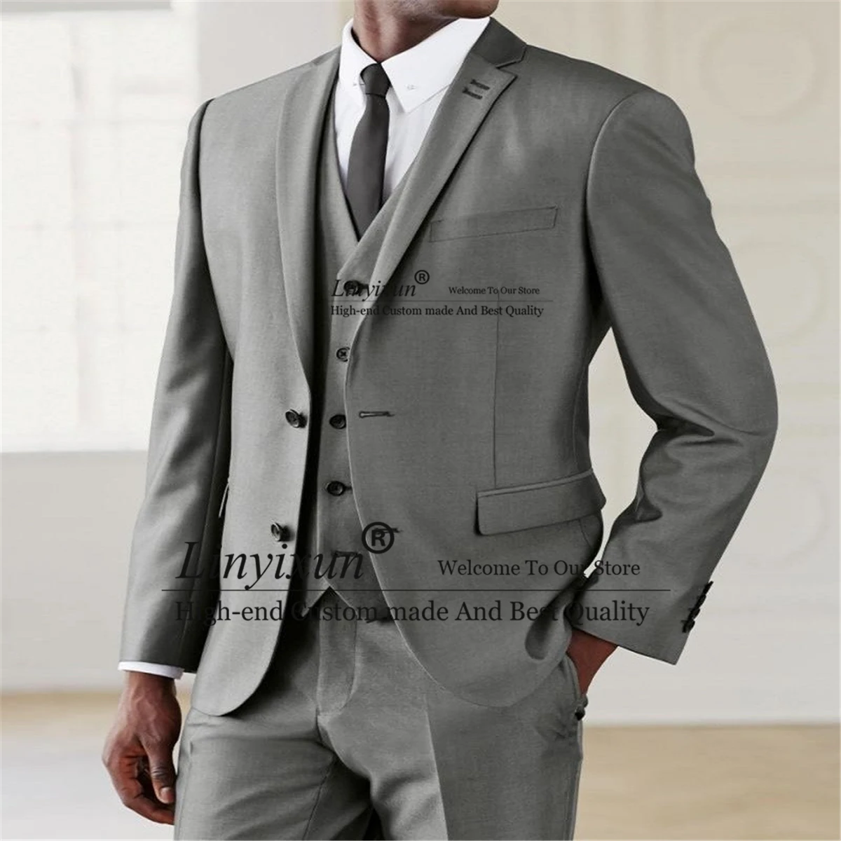 

Classic Gray Wedding Mens Suits Slim Fit Tuxedo Groom 3 Piece Set Business Blazer Formal Banquet Costume Homme Jacket Pant Vest