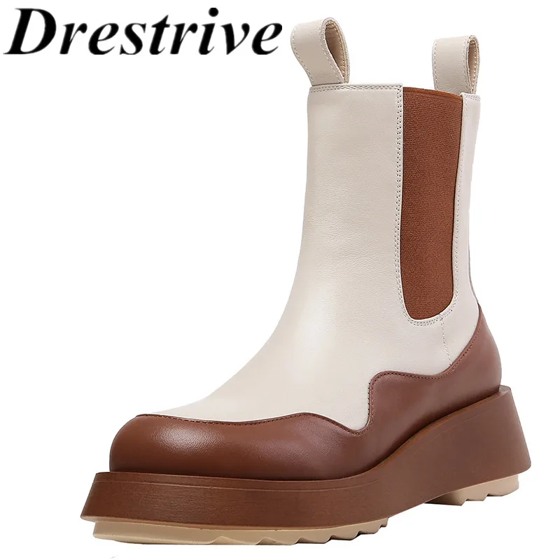 

Drestrive 2020 New Arrival Winter Shoes Cow Leather Patchwork Platform Woman Ankle Boots Mixed Colors Wedges Black