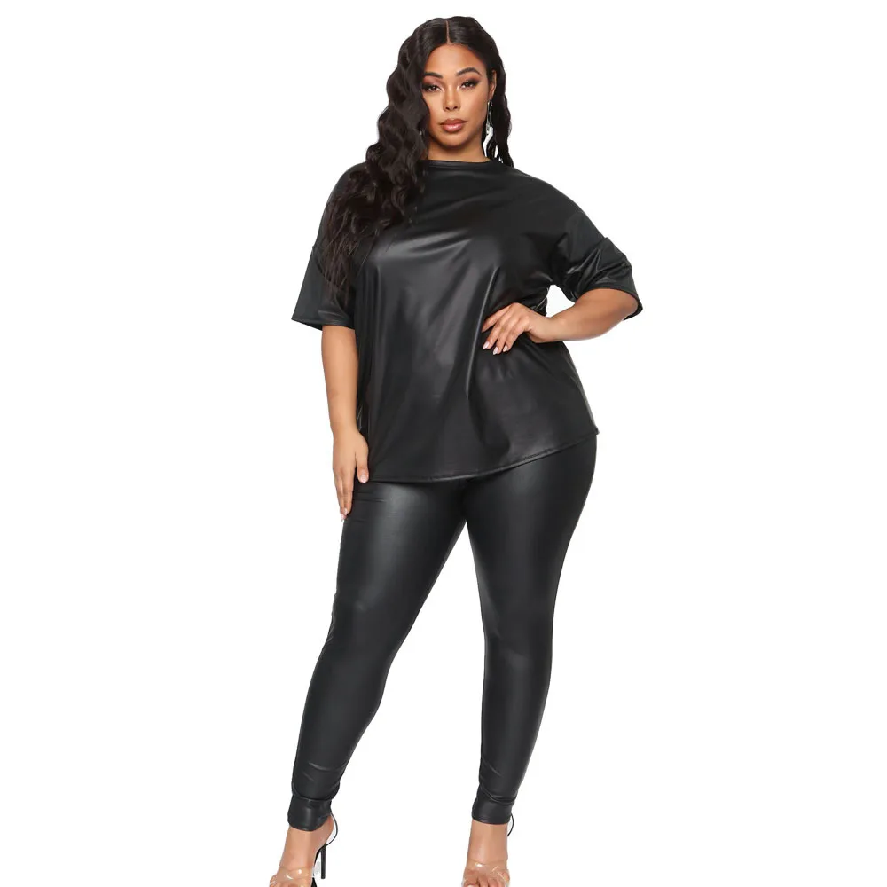 

Women Sets Large Size Women's Autumn New Solid Color Pu Leather Half Sleeve Fashion Slim Trousers Casual Two Piece Set Donsignet