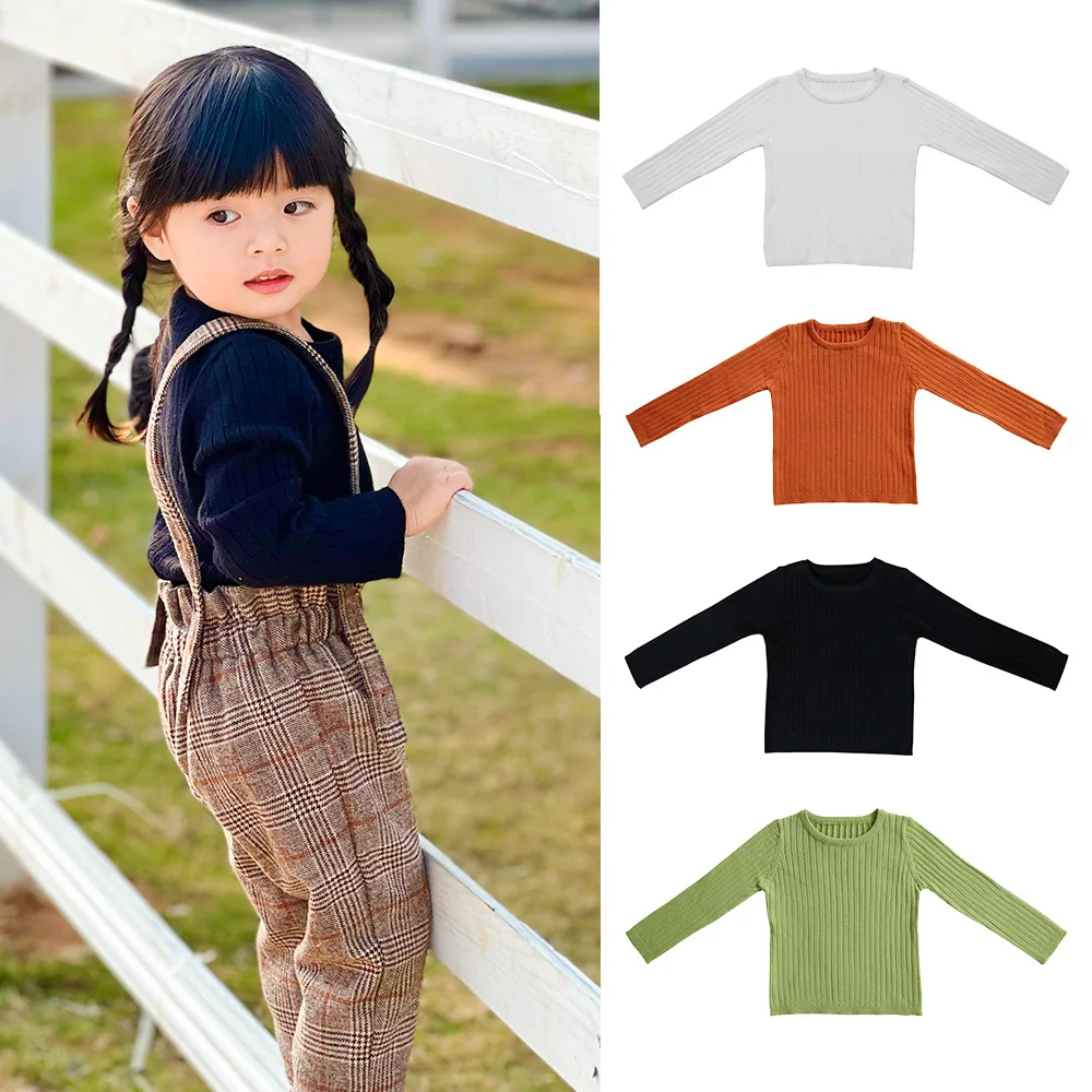 

2-6Y Baby Boys &Girls Knitting Sweater T-shirt Top Clothes LongSleeve Girls Round Neck Versatile Solid Color Warm Bottom Shirt
