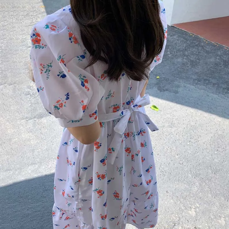 Vestido de verano de una pieza con manga abombada, estampado de volantes, Coreano elegante, suelto e informal, francés, 2021