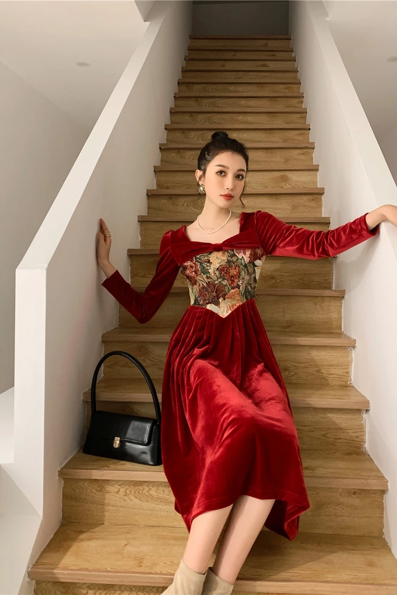 

COIGARSAM Vintage Patchwork Women dress Spring Full Sleeve Solid Dresses Red Wine 3656