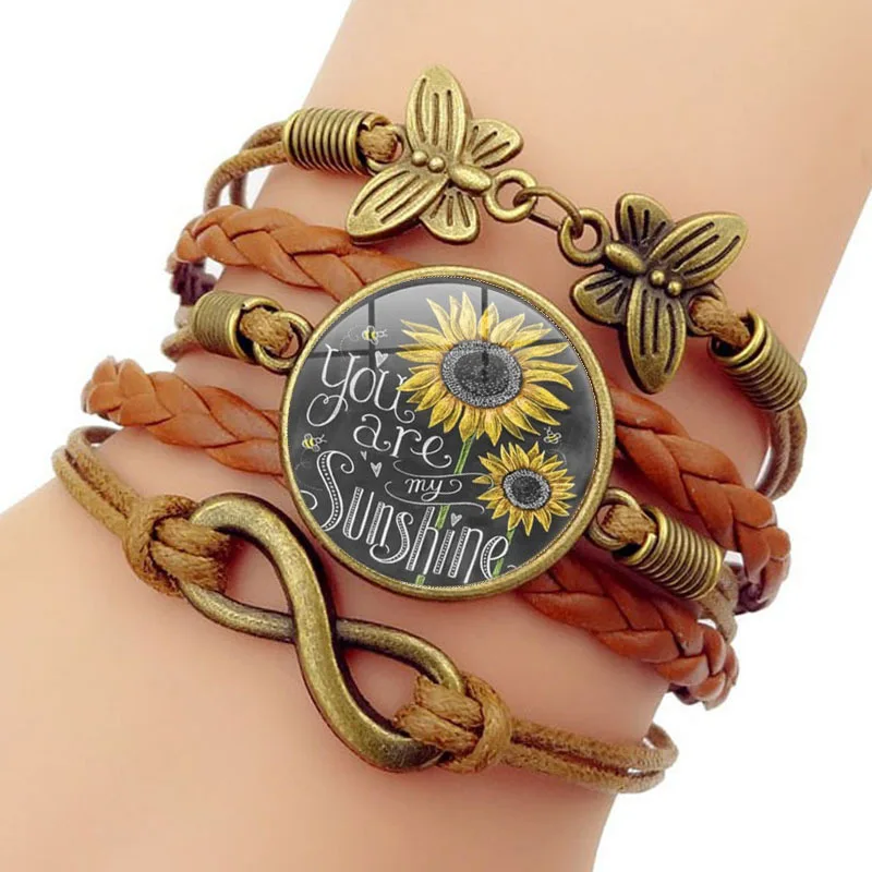 

You Are My Sunshine Quotes Time Gemstone Bracelet Women Retro Butterfly Sunflower Multi-Layer Hand Jewelry Accessories Love Gift