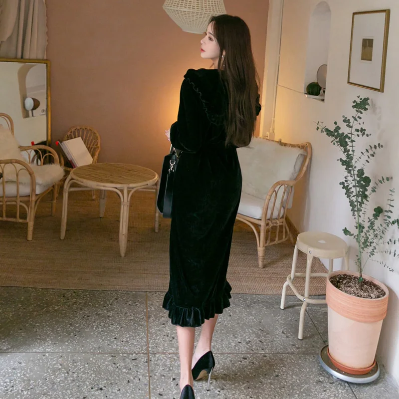 

2021 Single Breasted Velvet Women Long Dress Turn-down Collar Ruffles Female Elegant Slim Waist Spring Dress