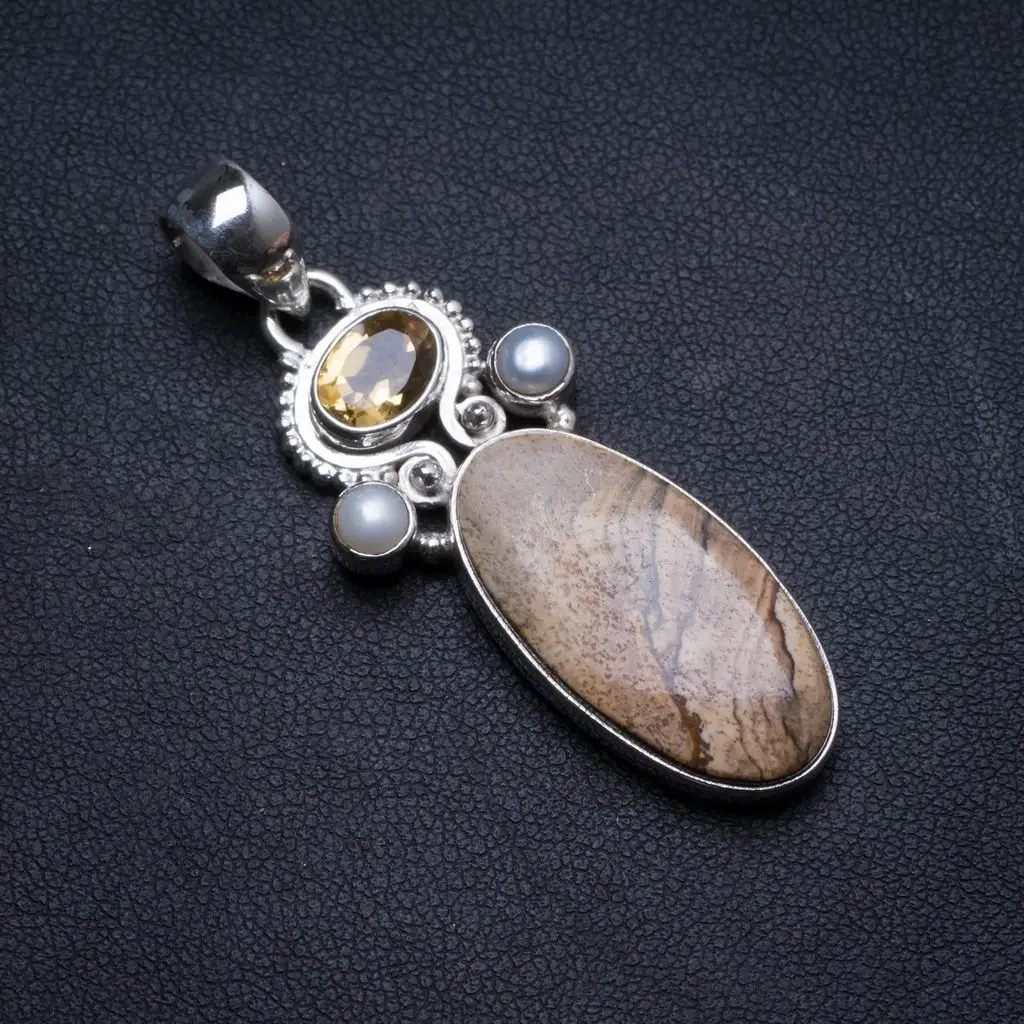 

Natural Picture Jasper,Citrine and River Pearl Handmade Unique 925 Sterling Silver Pendant 2" X1526