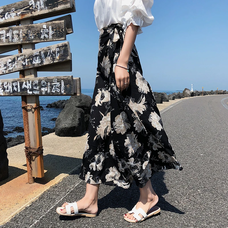 

Summer High Waist Split Tall Woman Beach Skirts Chiffon Skirt Printed Flower Solid A-type Lace-up Wrap Skirt Jupe Femme 10011