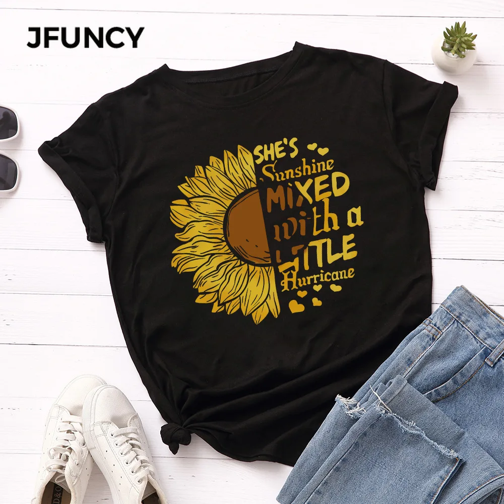 JFUNCY  New Sunflower Printed T-shirt Women Cotton Tshirt Summer Tees Tops Short Sleeve Woman T Shirt Female Shirts