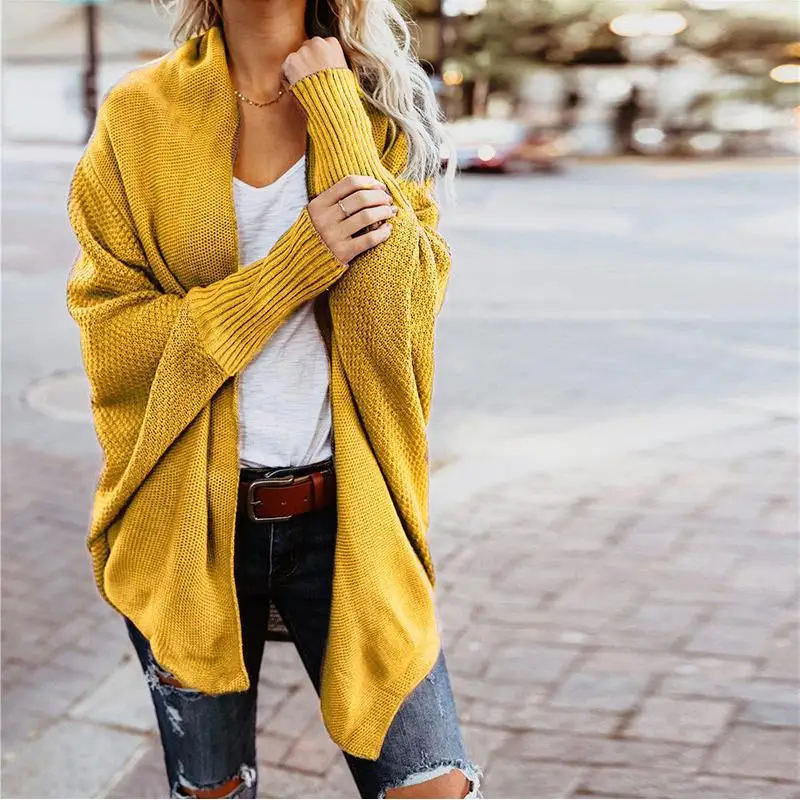 yellow Sweater Coat Luzuzi осень зима рукав летучая мышь трикотажный кардиган женский большой размер вязаный женский свитер-кардиган элегантный джемпер пальто - Цвет: yellow Sweater Coat