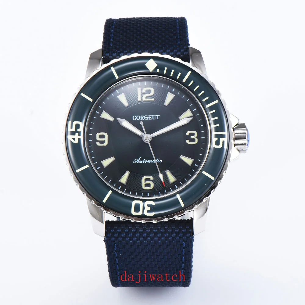 45 мм CORGEUT SUB Dial Preto Super Bright rotaçao Bisel Mecânico Automotive relégio dos homens Espelho de safira|Мужские